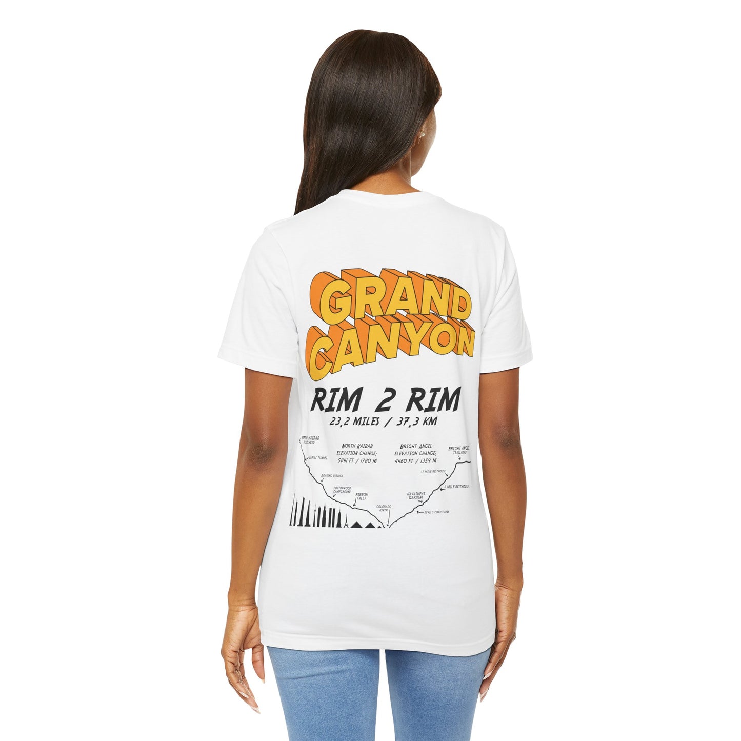 Grand Canyon Rim 2 Rim on back North Kaibab to Bright Angel Unisex Jersey Short Sleeve Tee